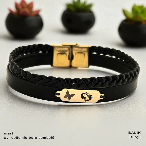 14 Ayar Altın Plakalı Burca Özel Kelebek Motifli Hakiki Siyah Derili Hediye Bileklik-678 ürün görseli