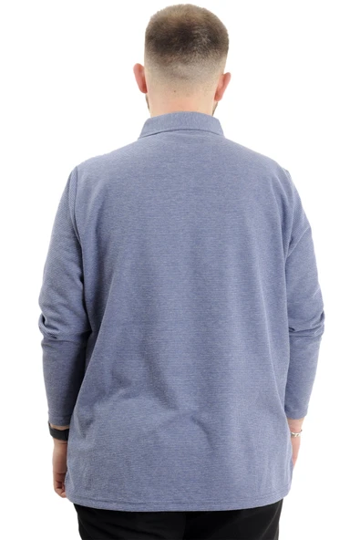 Mode XL Büyük Beden Erkek Sweatshirt Polo Yaka Uzun Kol WAFFLE 23449 İndigo - Resim 4