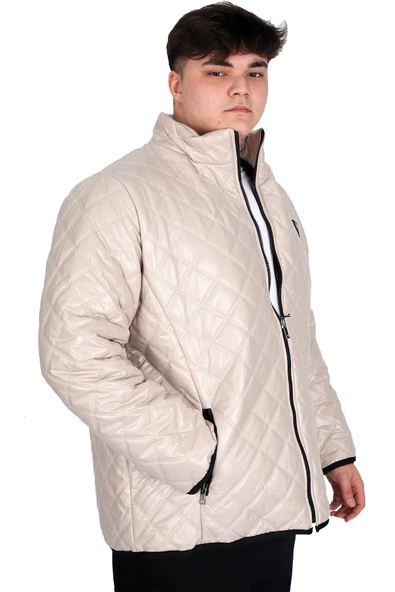 Mode XL Büyük Beden Erkek Dik Yaka Kapitone Mont U24615 Bej - Resim 2