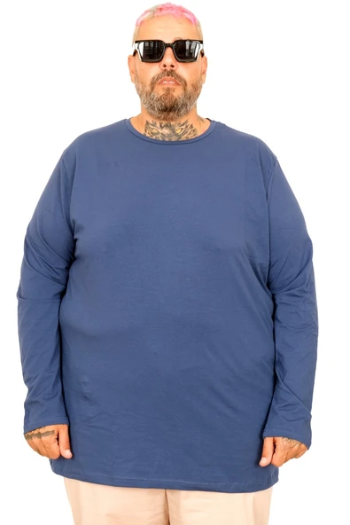 Mode XL Büyük Beden Erkek Tshirt Likralı Bisiklet Yaka 20102 Indigo - Resim 11