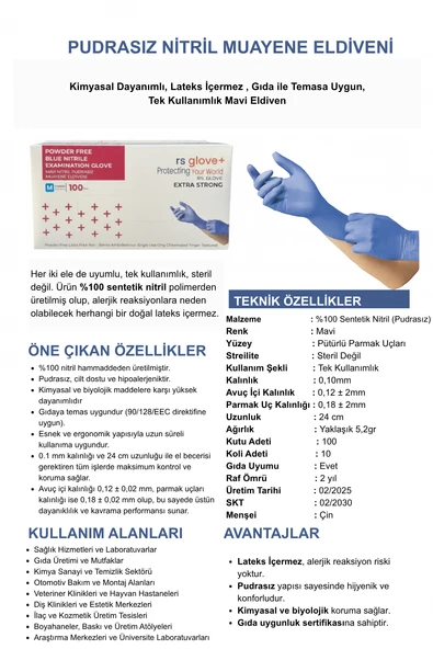 Pudrasız Nitril Muayene Eldiveni Kimyasal Dayanımlı Lateks İçermez Gıdaya Uygun Tek Kullanımlık Mavi Eldiven - 4