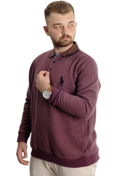 Mode XL Büyük Beden Erkek Sweat Polo Selanik Horse 23442 Gül Kurusu - Resim 2