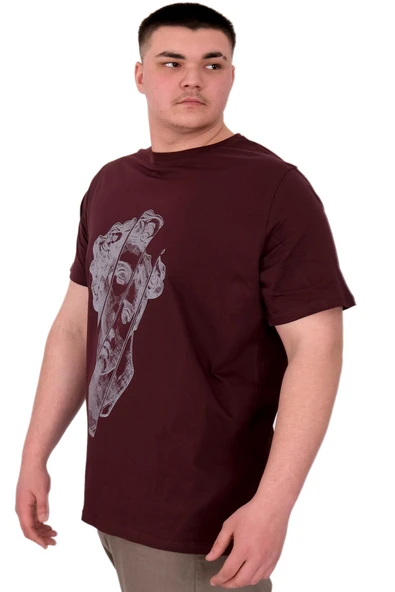 Mode XL Büyük Beden Erkek T-Shirt Bisiklet Yaka Statue U25004 Mürdüm - Resim 2