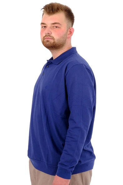 Mode XL Büyük Beden Erkek Polo Yaka Sweatshirt Nakışlı U24340 İndigo - Resim 2