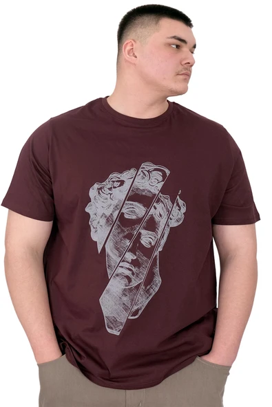 Mode XL Büyük Beden Erkek T-Shirt Bisiklet Yaka Statue U25004 Mürdüm ürün görseli