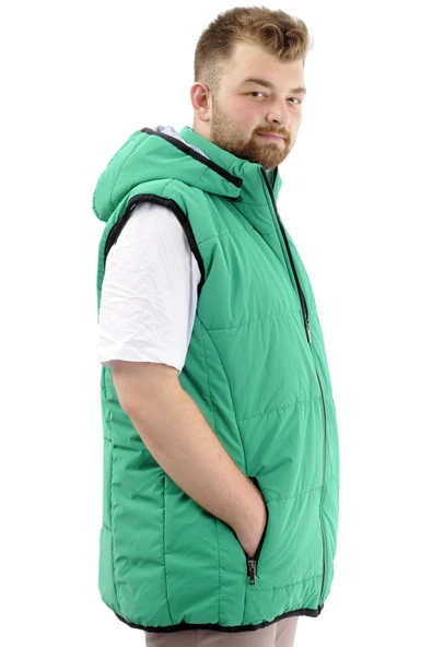 Mode XL Erkek Büyük Beden Şişme Yelek Cepli Çıkarılabilir Kapüşonlu U24703 Yeşil - 3