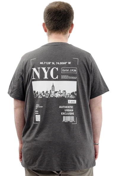 Mode XL Büyük Beden Erkek Tişört Baskılı Pamuklu Bisiklet Yaka T-Shirt NYC U24068 Antramelanj - Resim 2