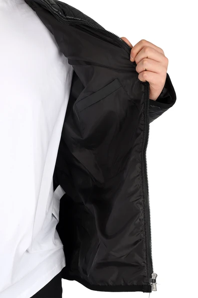 Mode XL Büyük Beden Erkek Dik Yaka Kapitone Mont U24614 Siyah Deri - 5