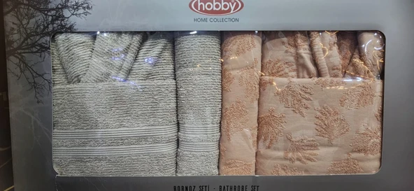 HOBBY AİLE BORNOZ TAKIMI TALYA ŞEFTALİ-BEJ - Resim 2