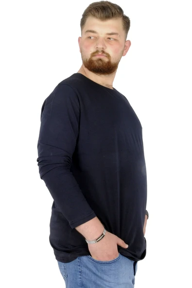 Mode XL Büyük Beden Erkek Tshirt Likralı Bisiklet Yaka 20102 Lacivert - Resim 2