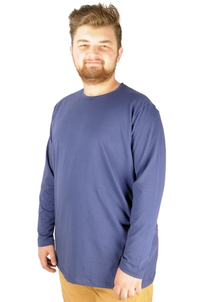 Mode XL Büyük Beden Erkek Tshirt Likralı Bisiklet Yaka 20102 Indigo - Resim 2