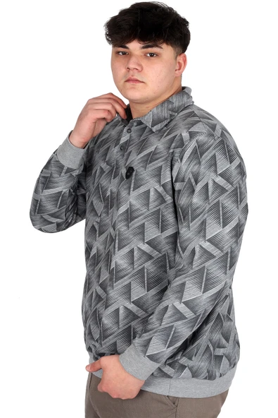 Mode XL Büyük Beden Erkek Polo Yaka Sweatshirt Baskılı Selanik U24440 Gri Melanj - Resim 2