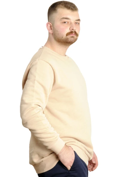Mode XL Büyük Beden Erkek Sweathirt Bisiklet Yaka Nakışlı Sweat 23525 Bej - Resim 3