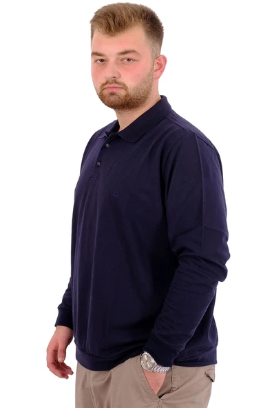 Mode XL Büyük Beden Erkek Polo Yaka Sweatshirt Nakışlı U24340 Lacivert - 2
