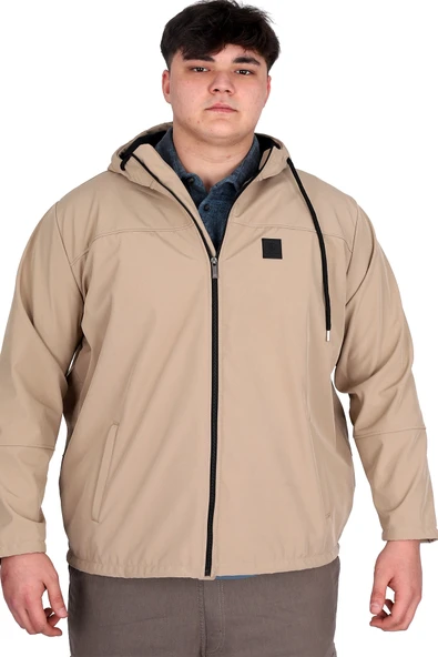 Mode XL Büyük Beden Erkek Kapüşonlu Mont Waterproof Softshell 21235 Bej