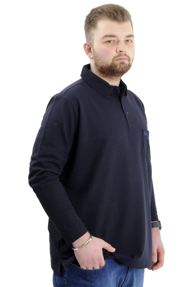 Mode XL Büyük Beden Erkek Sweatshirt Polo Yaka Uzun Kol WAFFLE 23449 Lacivert - Resim 3