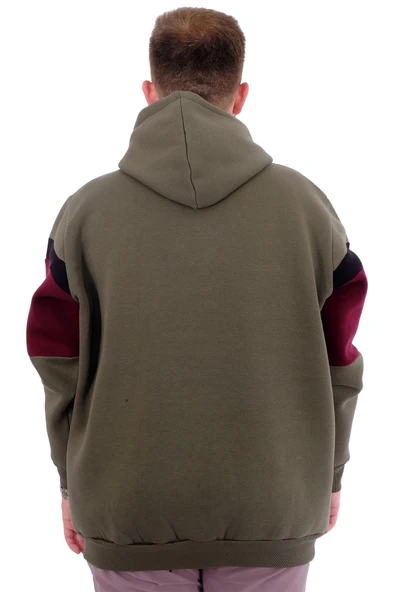 Mode XL Büyük Beden Erkek 3 İplik Sweatshirt Garnili Kapüşonlu U24545 Haki - Resim 4