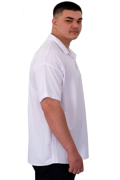 Mode XL Büyük Beden Erkek Gömlek Apas Yaka Şerit Desen Jakar U24382 Beyaz - Resim 6