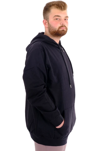 Mode XL Büyük Beden Erkek Sweatshirt Kapüşonlu Fermuarlı Recycle B24547 Siyah - Resim 3