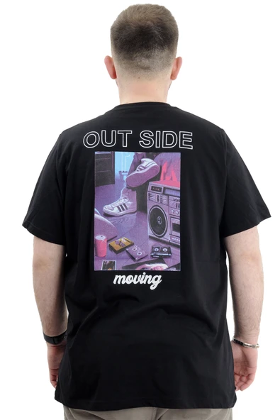 Mode XL Battal Beden Erkek Tişört Bisiklet Yaka Baskılı OUT SIDE U24041 Siyah - Resim 4