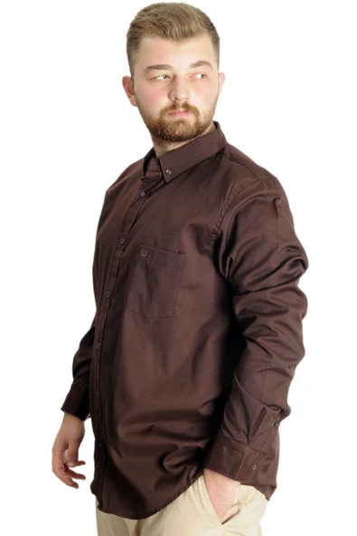 Mode XL Büyük Beden Erkek Gömlek U.Kol Cepli Oxford 20366 Kahverengi - 2