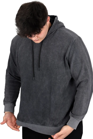 Mode XL Büyük Beden Erkek Kapüşonlu Sweatshirt Asit Yıkama Interlok U24167 Beyaz - Resim 3