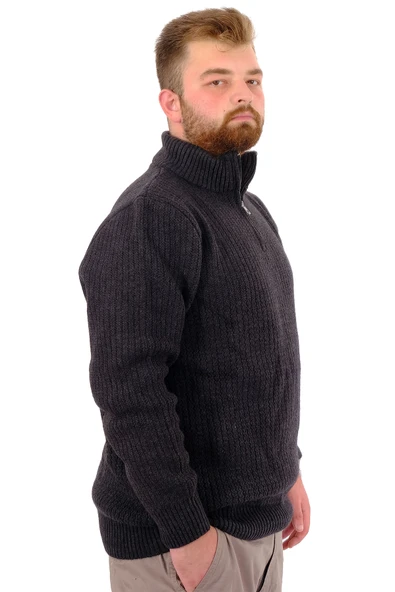 Mode XL Büyük Beden Erkek Triko Kazak Yarım Fermuarlı Dik Yaka 24209 Antrasit - 3