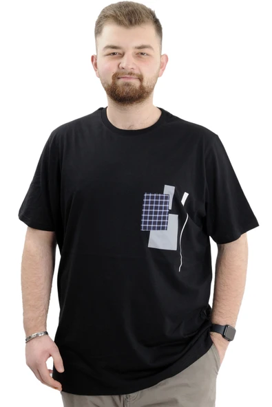 Mode XL Büyük Beden Erkek Bisiklet Yaka T-Shirt Baskılı GARNILI U24045 Siyah ürün görseli 1