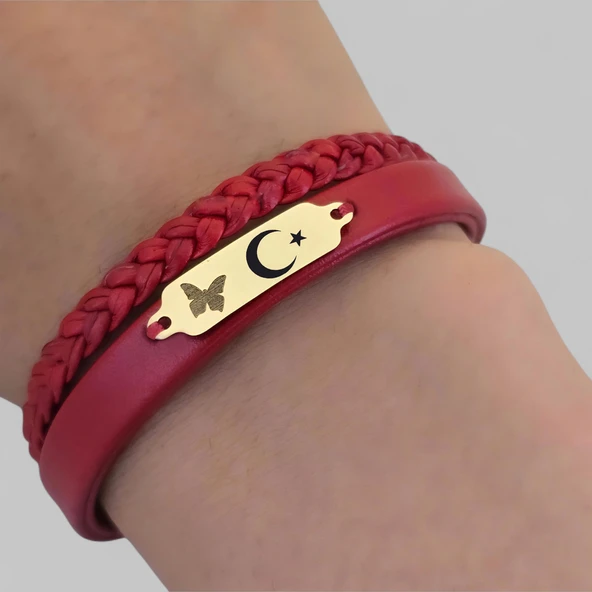 14 Ayar Altın Plakalı Sembole Özel Hakiki Bordo Derili Kelebek Figürlü Hediye Bileklik-677 - Resim 3