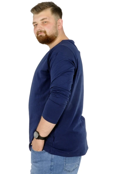 Mode XL Büyük Beden Erkek Tshirt Likralı Bisiklet Yaka 20102 Indigo - Resim 5