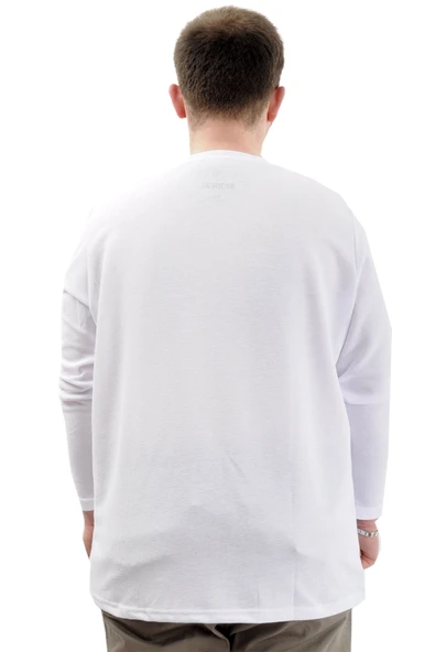 Mode XL Büyük Beden Erkek Sweatshirt Bisiklet Yaka Uzun Kol WAFFLE 23460 Beyaz - Resim 4