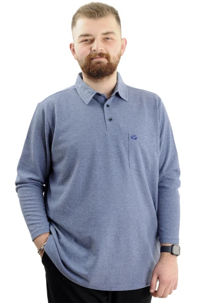 Mode XL Büyük Beden Erkek Sweatshirt Polo Yaka Uzun Kol WAFFLE 23449 İndigo ürün görseli