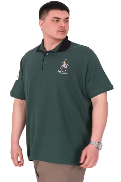 Mode XL Büyük Beden Erkek T-Shirt Polo Yaka Nakış Detaylı U25311 Nefti - Resim 4