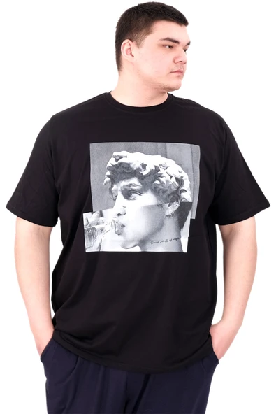 Mode XL Büyük Beden Erkek T-Shirt Bisiklet Yaka STATUE U25027 Siyah ürün görseli 1