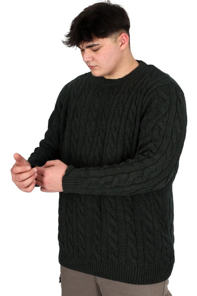 Mode XL Büyük Beden Erkek Kazak Bisiklet Yaka BRAIDED 24211 Haki - 3