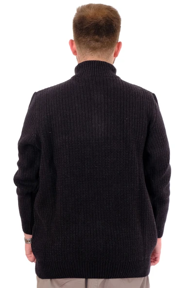 Mode XL Büyük Beden Erkek Triko Kazak Yarım Fermuarlı Dik Yaka 24209 Siyah - 4