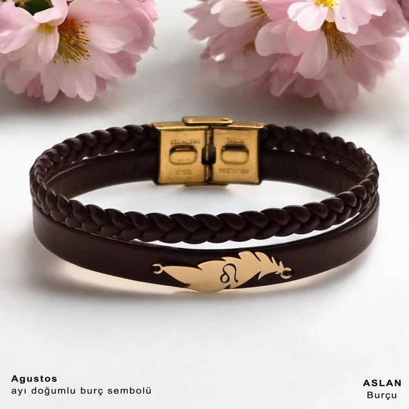 14 Ayar Altın Plakalı Doğum Ayına Özel Hakiki Kahverengi Derili Yaprak Motifli Hediye Bileklik-680 ürün görseli