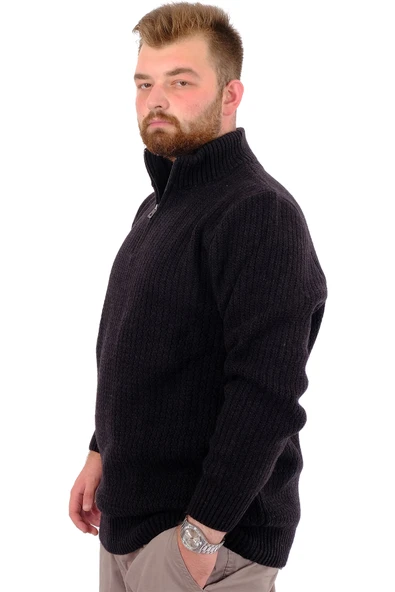 Mode XL Büyük Beden Erkek Triko Kazak Yarım Fermuarlı Dik Yaka 24209 Siyah - 2