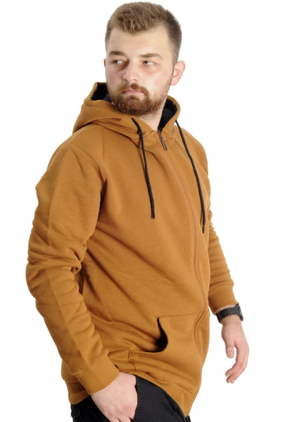 Mode XL Büyük Beden Erkek Sweat Kapşon Cep Zippered Basic 20543 Camel - 3