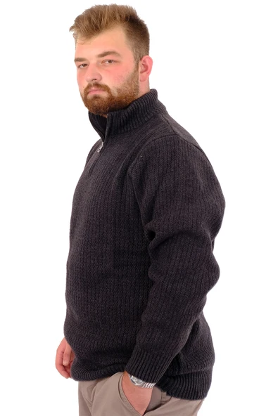 Mode XL Büyük Beden Erkek Triko Kazak Yarım Fermuarlı Dik Yaka 24209 Antrasit - 4