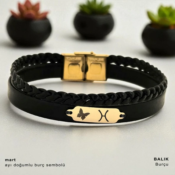 14 Ayar Altın Plakalı Doğum Ayına Özel Hakiki Siyah Derili Kelebek Motifli Hediye Bileklik-678 ürün görseli