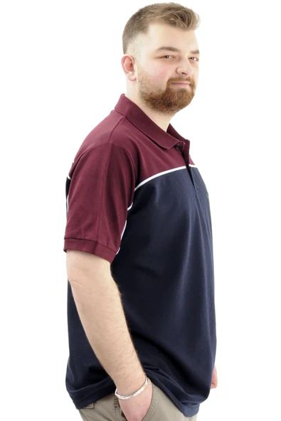 Mode XL Büyük Beden Erkek T-Shirt Polo Yaka Renk Bloklu DEER U24324 Lacivert - Resim 3