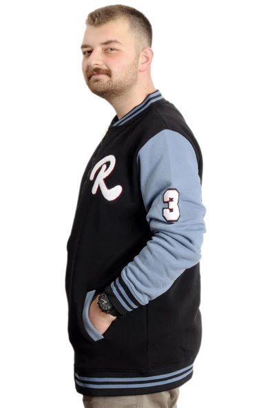 Mode XL Büyük Beden Erkek Kolej Mont Fermuarlı Nakışlı Ceket 23633 Siyah-İndigo - 2