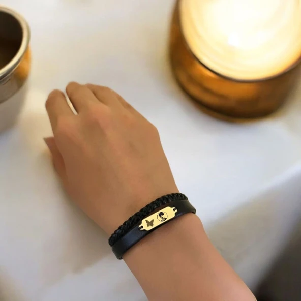 14 Ayar Altın Plakalı Sembole Özel Hakiki Siyah Derili Kelebek Motifli Hediye Bileklik-678 - Resim 2