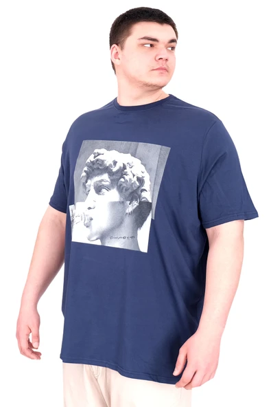 Mode XL Büyük Beden Erkek T-Shirt Bisiklet Yaka STATUE U25027 İndigo ürün görseli 1