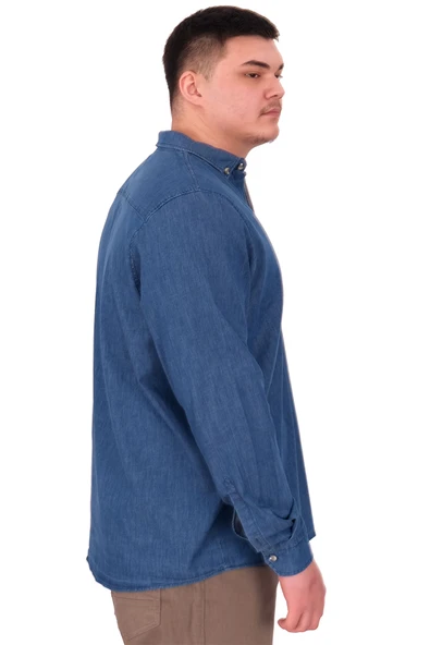 Mode XL Büyük Beden Erkek Uzun Kol Kot Gömlek U24391 Mavi - 3
