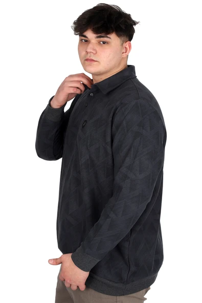 Mode XL Büyük Beden Erkek Polo Yaka Sweatshirt Baskılı Selanik U24440 Füme - Resim 2