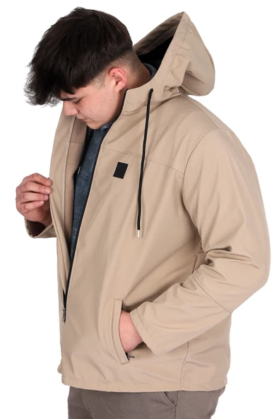Mode XL Büyük Beden Erkek Kapüşonlu Mont Waterproof Softshell 21235 Bej - 2