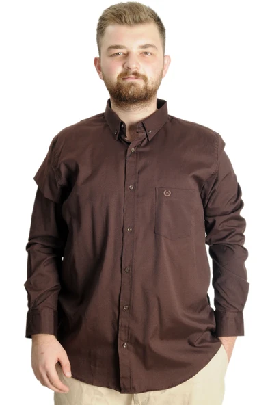 Mode XL Büyük Beden Erkek Gömlek U.Kol Cepli Oxford 20366 Kahverengi