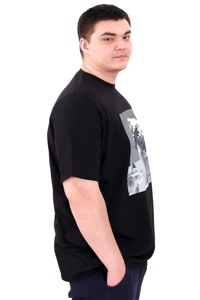 Mode XL Büyük Beden Erkek T-Shirt Bisiklet Yaka STATUE U25027 Siyah - Resim 2